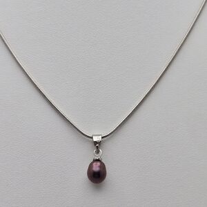 Freshwater Black Dark Real Pearl Necklace 18” Silver Plated Snake Chain NWOT